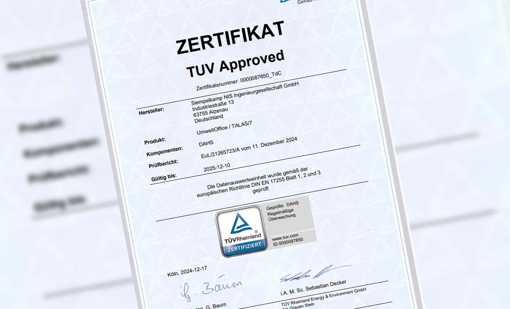 TÜV.com Zertifikat für die NIS-Emissionsauswerteeinrichtung UmweltOffice®/TALAS